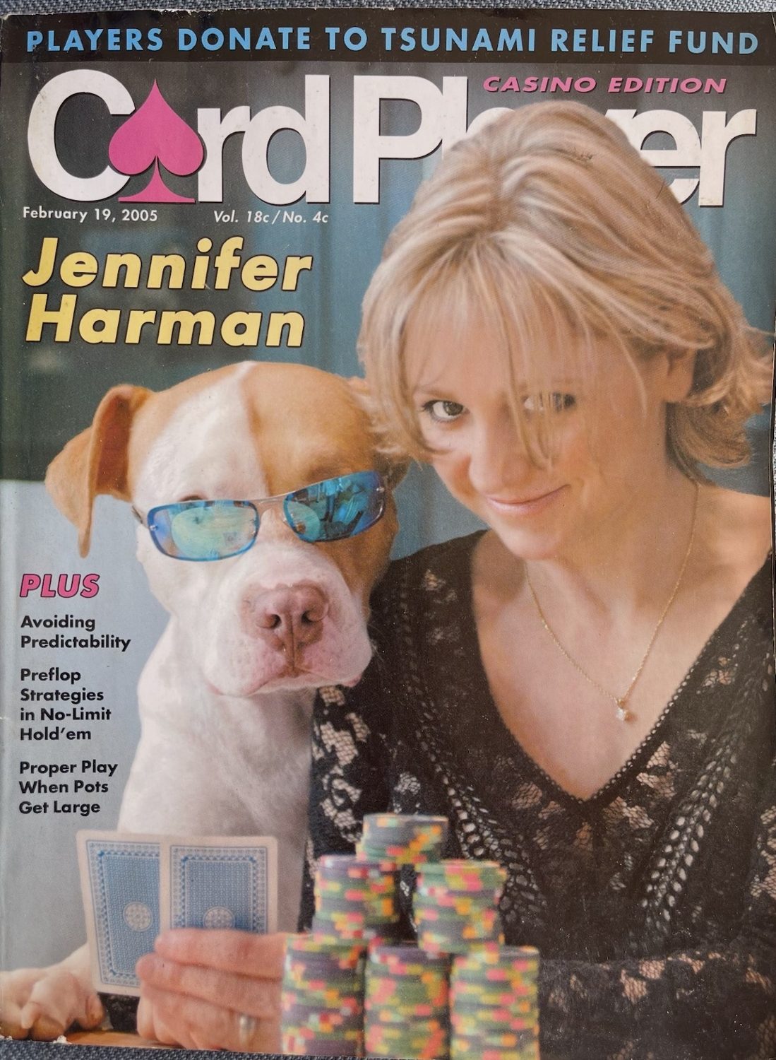 Jennifer Harman with her dog on the cover of Card Player, February 2005
